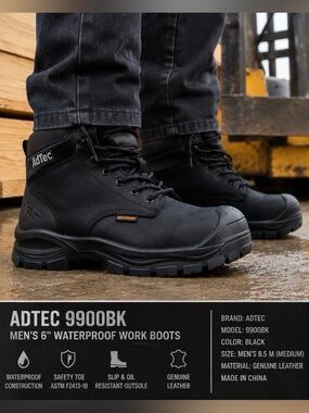 ADT Men's Black Waterproof Work Boots with Rugged Outsole